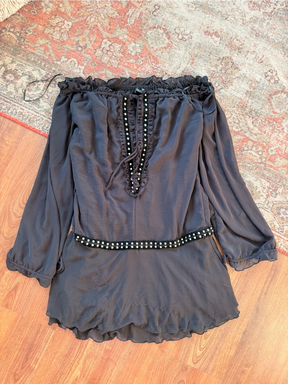 silence + noise Black Off-Shoulder Dress with Studded Waist and Keyhole